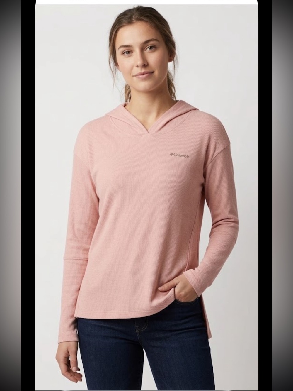 Columbia sportswear company Med, long sleeve, hooded, ribbed, pink blush shirt